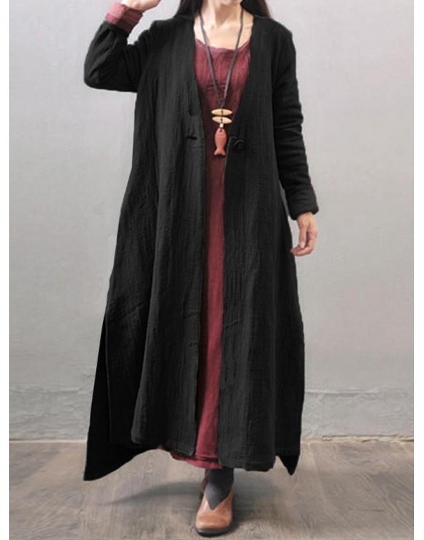 Vintage Women Long Sleeve Button Open Front Outwear Side Split Maxi Coats