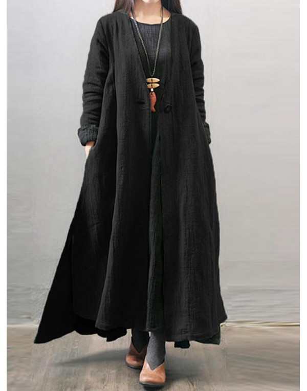 Vintage Women Long Sleeve Button Open Front Outwear Side Split Maxi Coats