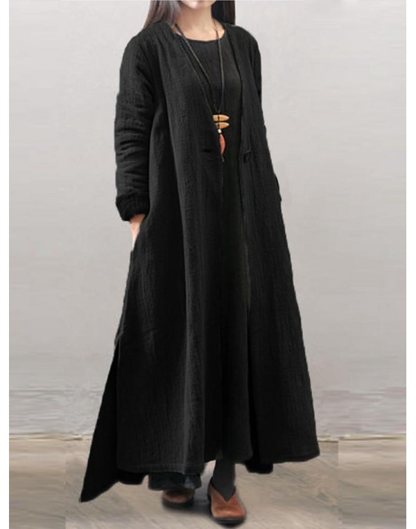 Vintage Women Long Sleeve Button Open Front Outwear Side Split Maxi Coats