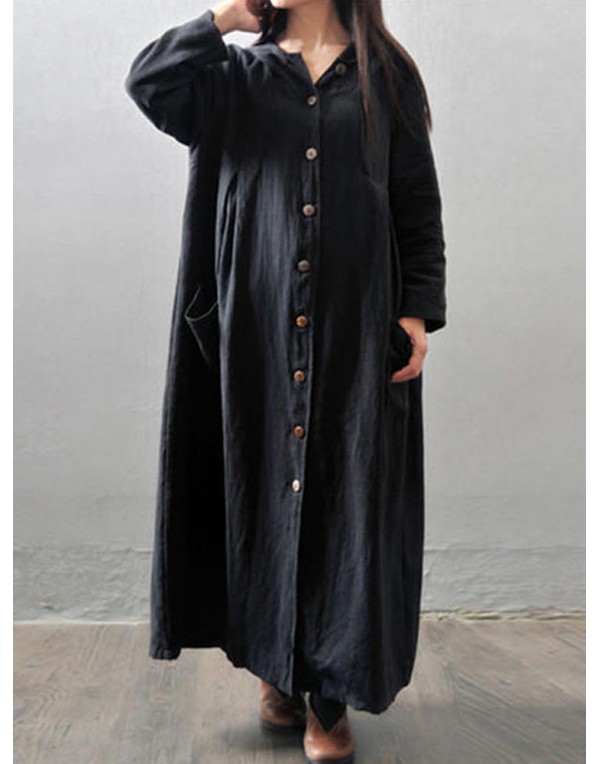 Women Vintage Hooded Buttons Pockets Casual Maxi Coats