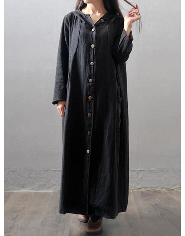 Women Vintage Hooded Buttons Pockets Casual Maxi Coats