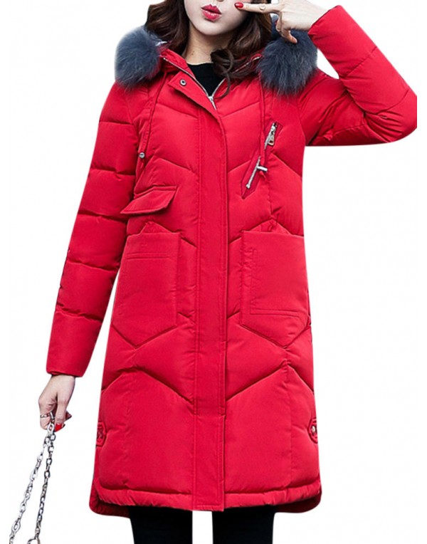 Women Pure Color Long Sleeve Hooded Mid-Long Down Coats