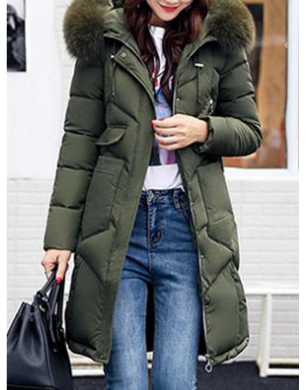 Women Pure Color Long Sleeve Hooded Mid-Long Down Coats