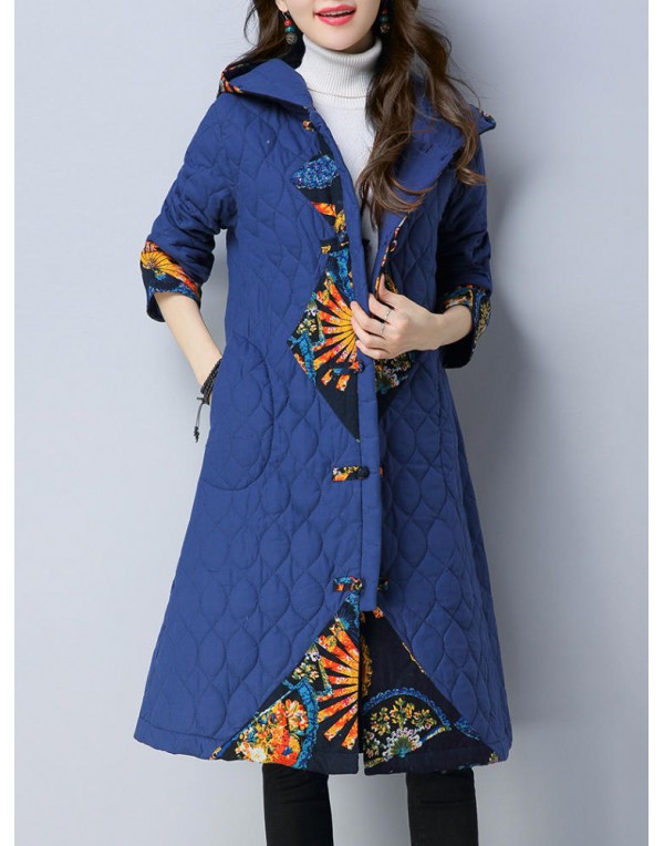 Folk Style Print Patchwork Long Sleeve Women Hooded Coats