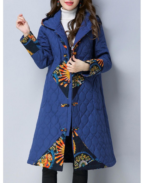 Folk Style Print Patchwork Long Sleeve Women Hooded Coats