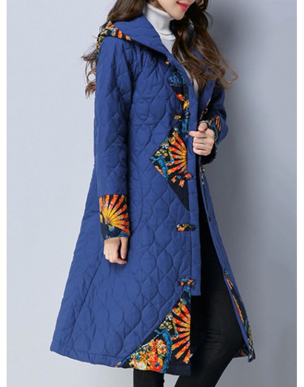 Folk Style Print Patchwork Long Sleeve Women Hooded Coats