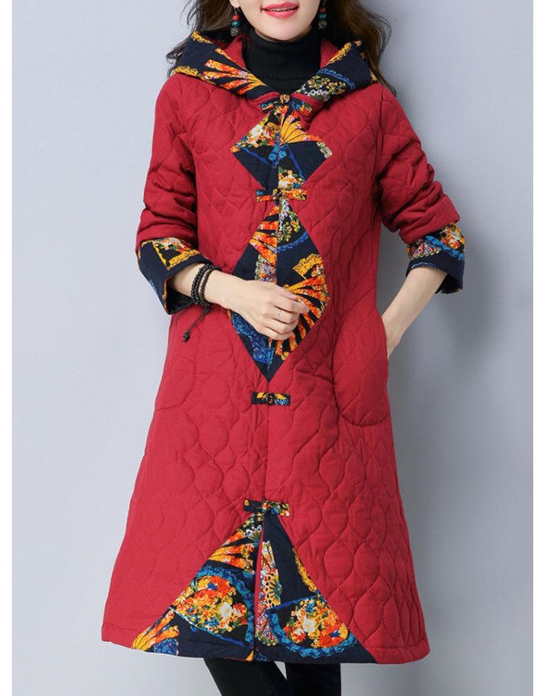 Folk Style Print Patchwork Long Sleeve Women Hooded Coats