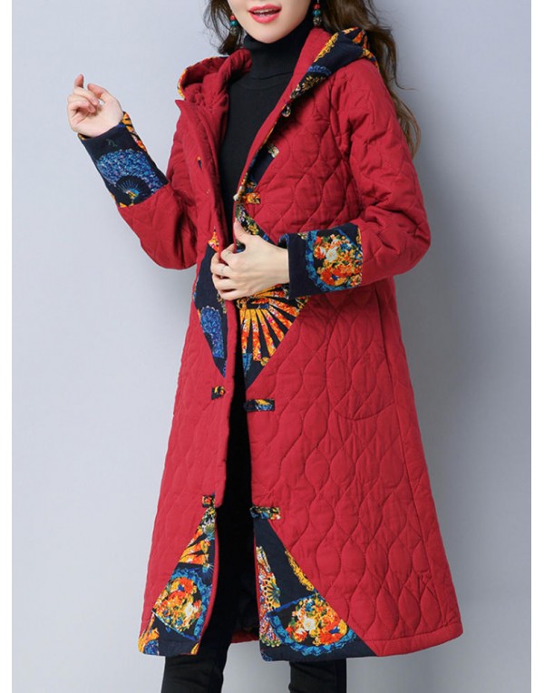 Folk Style Print Patchwork Long Sleeve Women Hooded Coats