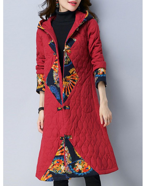 Folk Style Print Patchwork Long Sleeve Women Hooded Coats