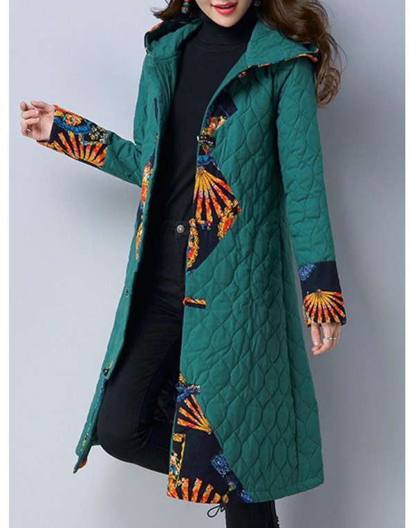 Folk Style Print Patchwork Long Sleeve Women Hooded Coats