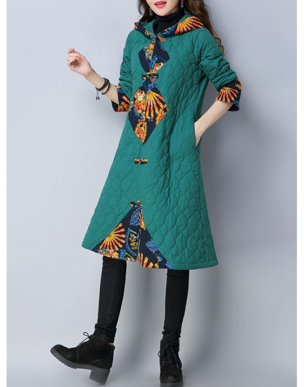 Folk Style Print Patchwork Long Sleeve Women Hooded Coats