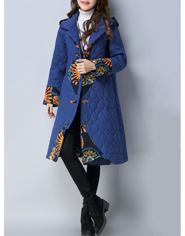 Folk Style Print Patchwork Long Sleeve Women Hooded Coats