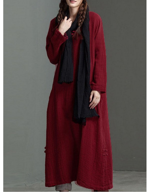 Retro Women O-Neck Long Sleeve Solid Color Pocket Maxi Dress