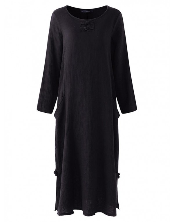 Retro Women O-Neck Long Sleeve Solid Color Pocket Maxi Dress