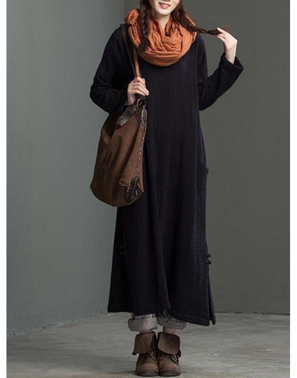 Retro Women O-Neck Long Sleeve Solid Color Pocket Maxi Dress