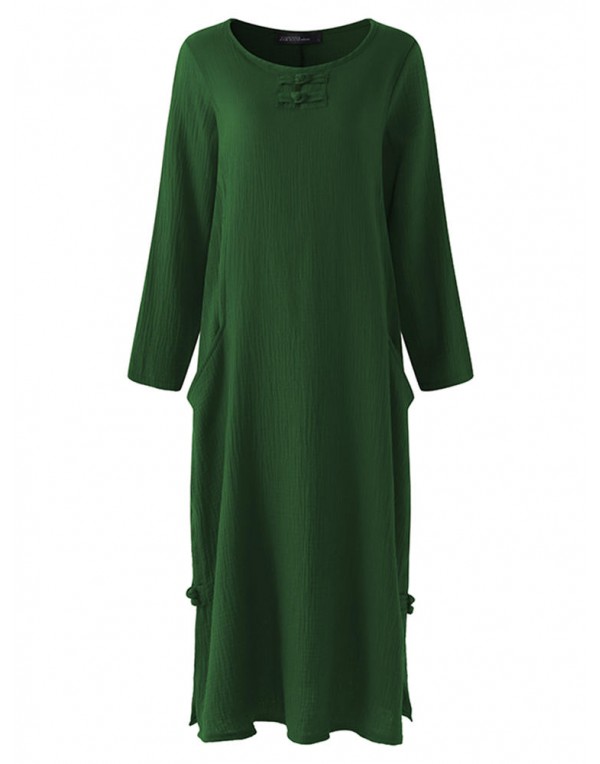 Retro Women O-Neck Long Sleeve Solid Color Pocket Maxi Dress