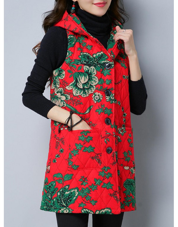 Folk Style Printed Sleeveless Pocket Hooded Cotton...