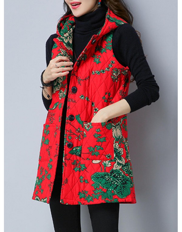 Folk Style Printed Sleeveless Pocket Hooded Cotton Coats