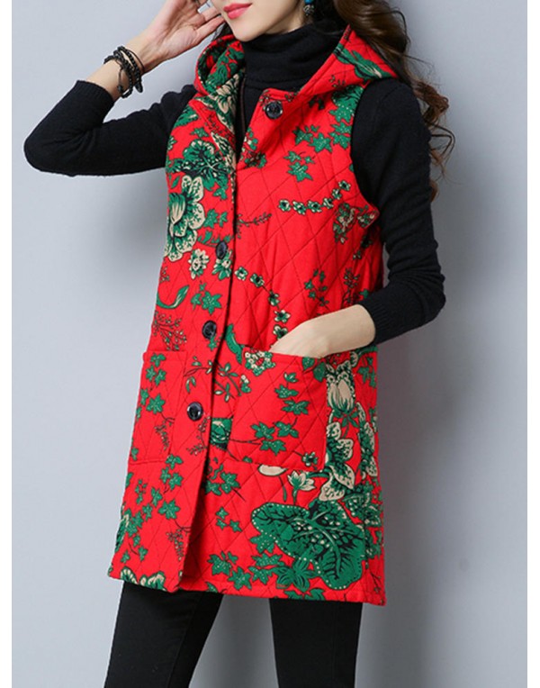 Folk Style Printed Sleeveless Pocket Hooded Cotton Coats