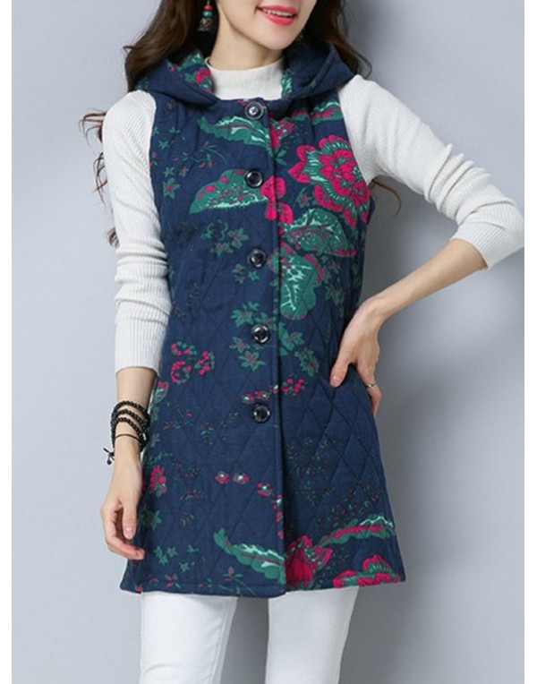 Folk Style Printed Sleeveless Pocket Hooded Cotton Coats