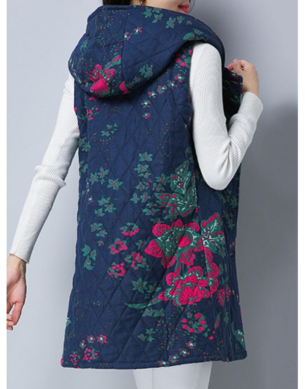 Folk Style Printed Sleeveless Pocket Hooded Cotton Coats