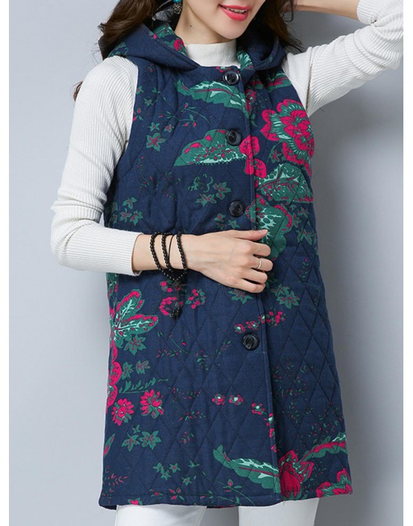 Folk Style Printed Sleeveless Pocket Hooded Cotton Coats