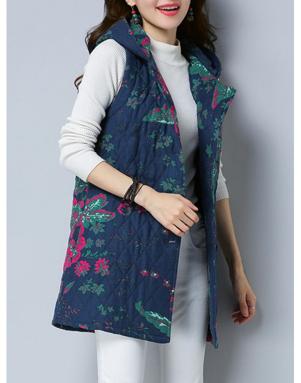 Folk Style Printed Sleeveless Pocket Hooded Cotton Coats