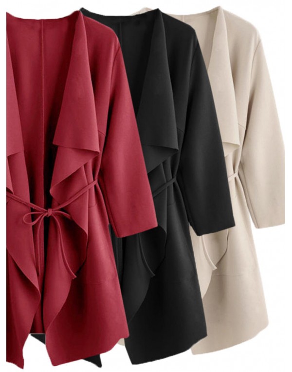 Casual Women Waterfall Collar Pocket Front Wrap 3/4 Sleeve Trench Coats with Belt