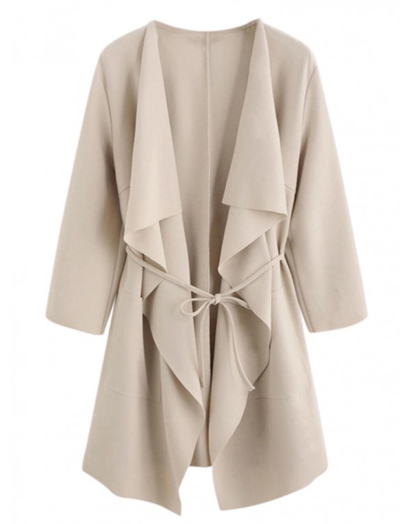 Casual Women Waterfall Collar Pocket Front Wrap 3/4 Sleeve Trench Coats with Belt