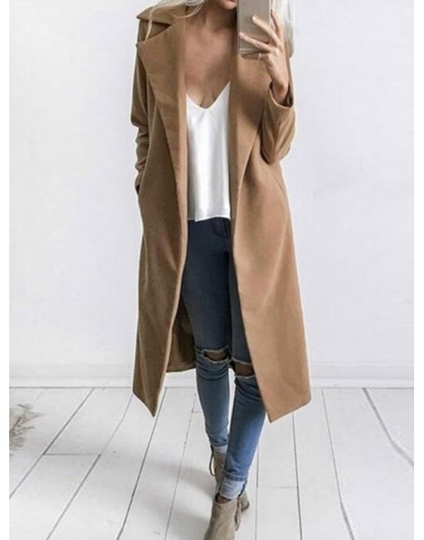 Solid Color Women Casual Full Sleeve Lapel Pocket Long Coat