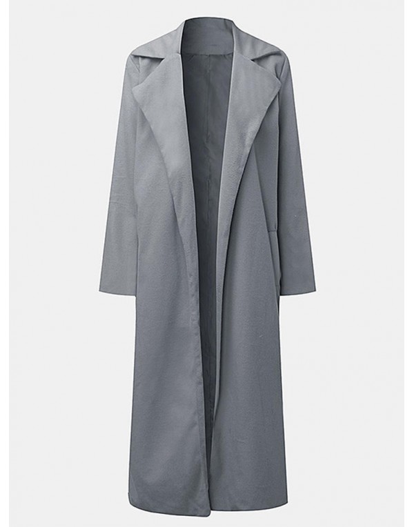 Solid Color Women Casual Full Sleeve Lapel Pocket Long Coat