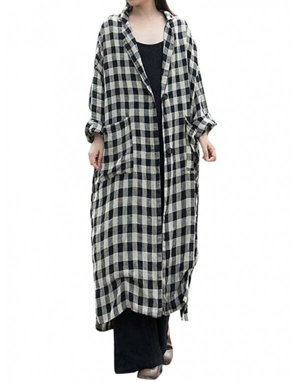 Women Plaid Lapel Button Down Shirt Dress Long Maxi Coats Outwear