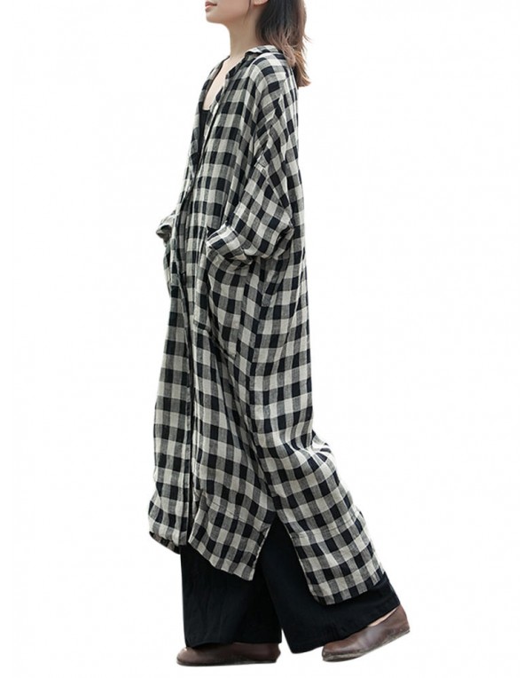 Women Plaid Lapel Button Down Shirt Dress Long Maxi Coats Outwear