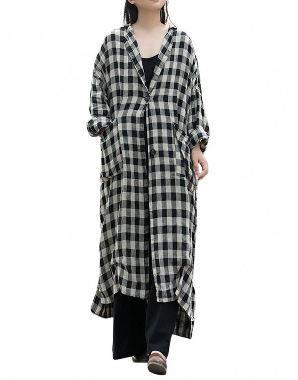 Women Plaid Lapel Button Down Shirt Dress Long Maxi Coats Outwear