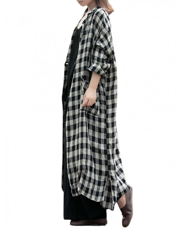 Women Plaid Lapel Button Down Shirt Dress Long Maxi Coats Outwear