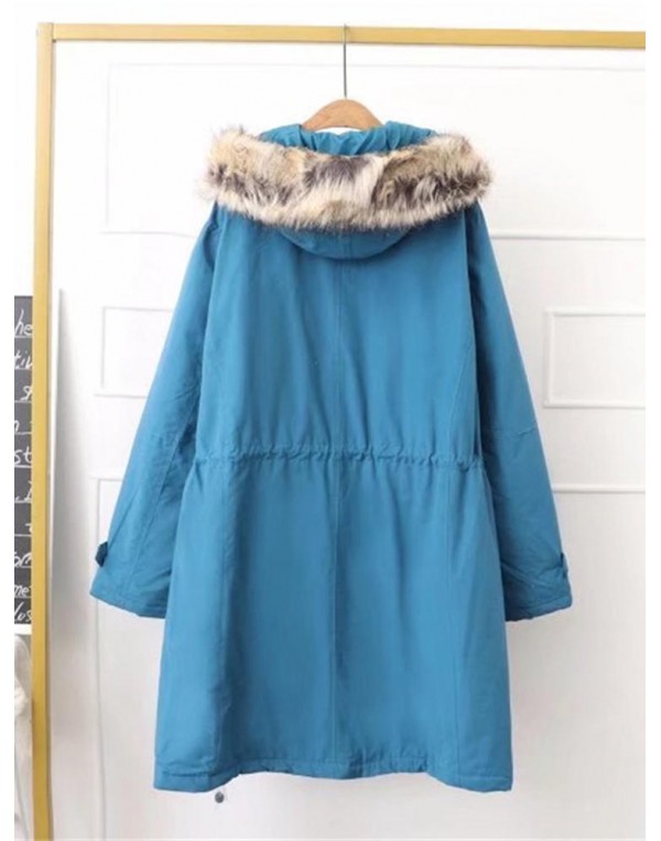 M-5XL Women Loose Pure Color Fur Hooded Winter Woo...