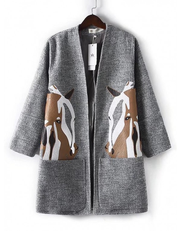 Horse Printed Long Sleeve Open Front Women Pocket Woolen Coat