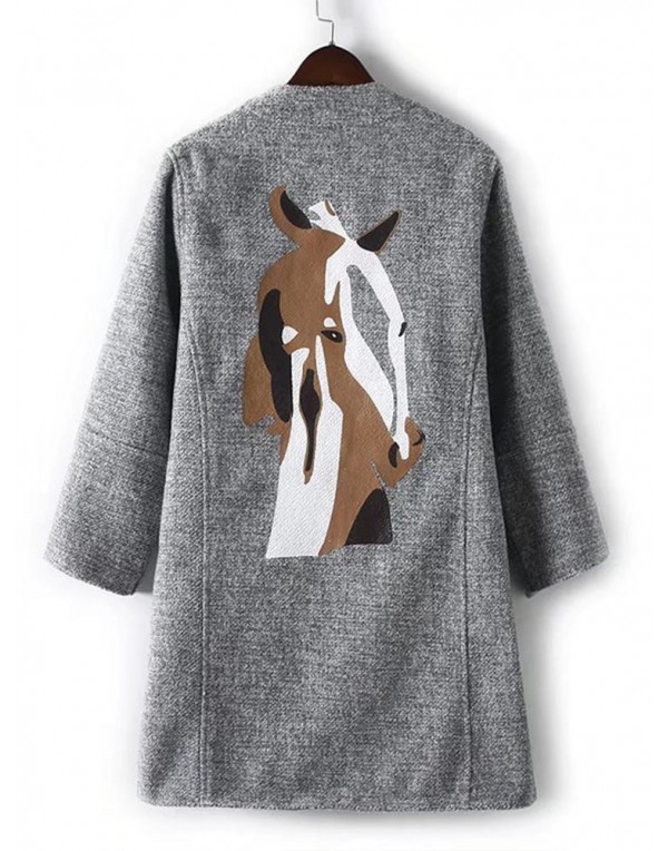 Horse Printed Long Sleeve Open Front Women Pocket Woolen Coat