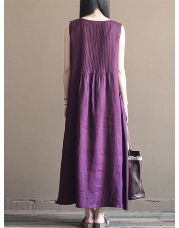 Casual Women Pure Color O-Neck Pleated Cotton Maxi Tank Dress