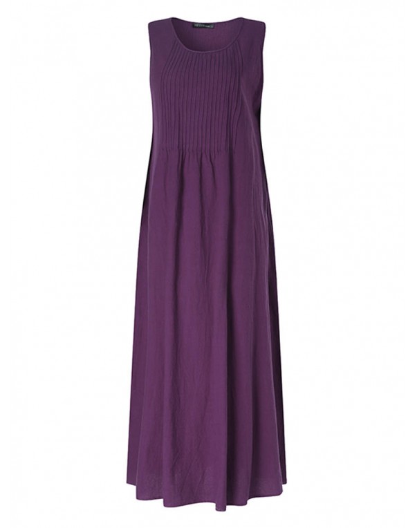 Casual Women Pure Color O-Neck Pleated Cotton Maxi Tank Dress