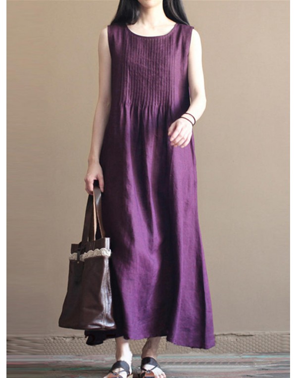 Casual Women Pure Color O-Neck Pleated Cotton Maxi Tank Dress