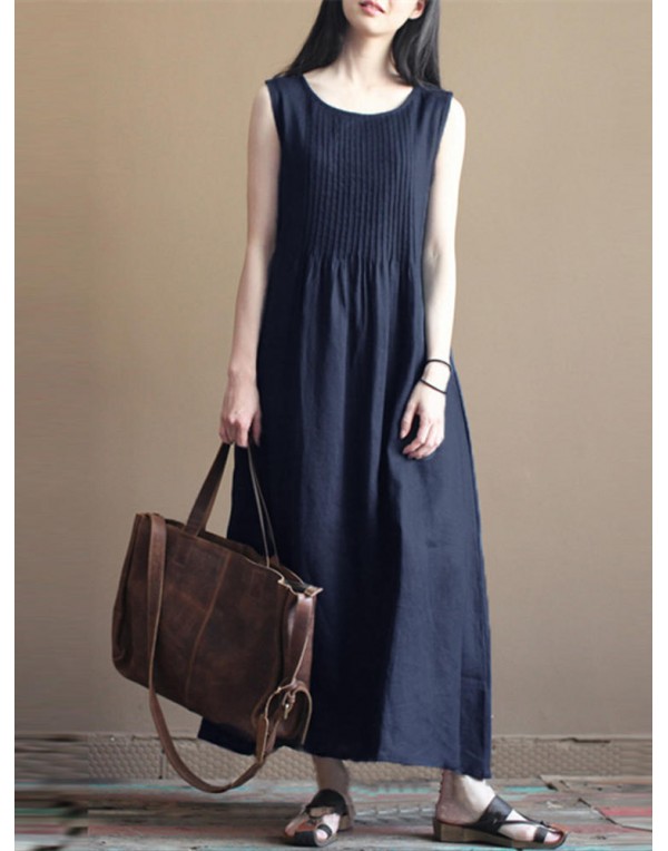 Casual Women Pure Color O-Neck Pleated Cotton Maxi Tank Dress