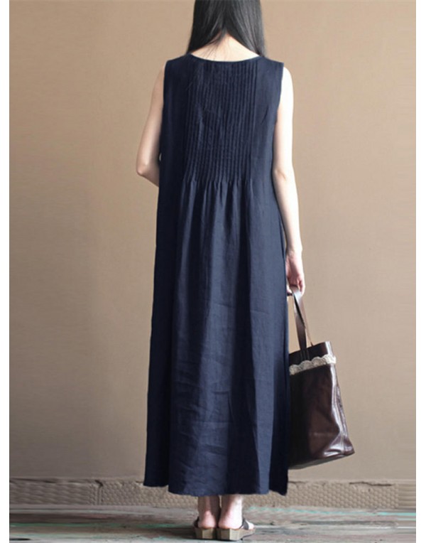 Casual Women Pure Color O-Neck Pleated Cotton Maxi Tank Dress