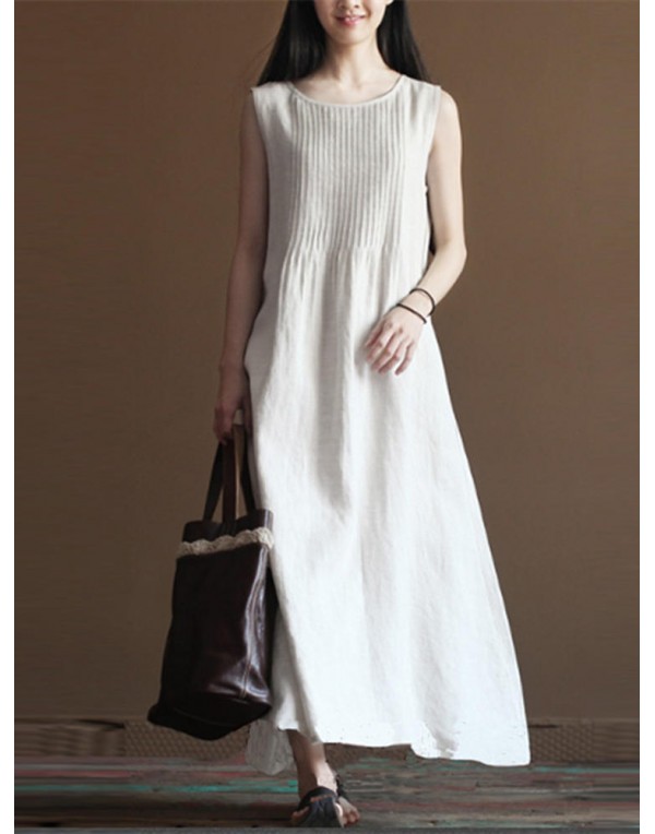 Casual Women Pure Color O-Neck Pleated Cotton Maxi Tank Dress