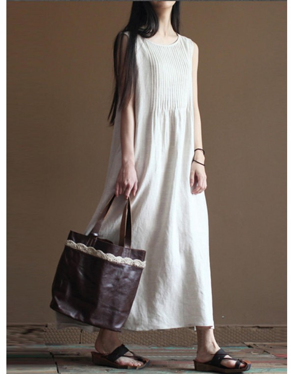 Casual Women Pure Color O-Neck Pleated Cotton Maxi Tank Dress