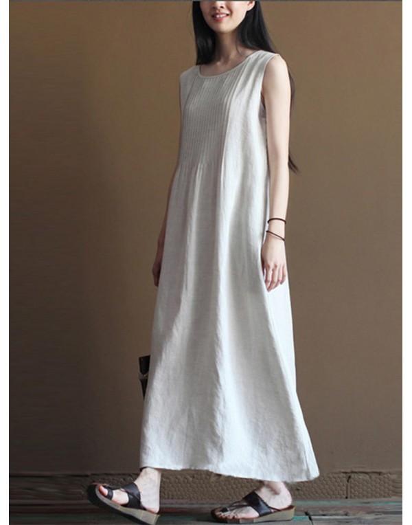 Casual Women Pure Color O-Neck Pleated Cotton Maxi Tank Dress