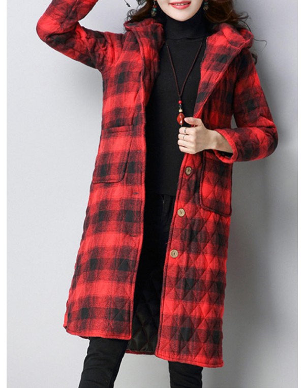 Women Plaid Pockets Button Thicken Hooded Long Sle...