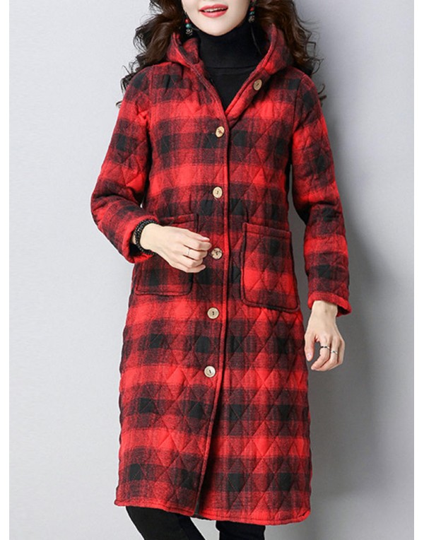 Women Plaid Pockets Button Thicken Hooded Long SleeveThicken Coats