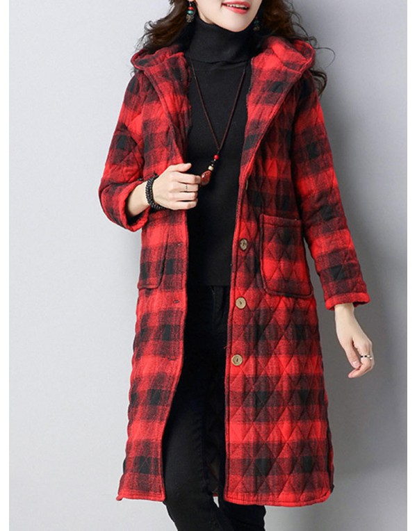 Women Plaid Pockets Button Thicken Hooded Long SleeveThicken Coats