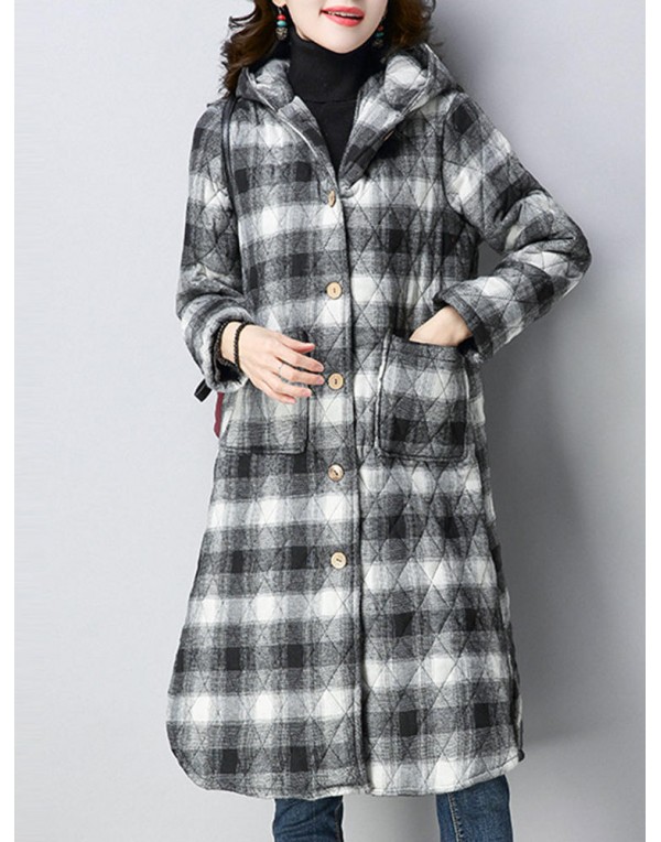 Women Plaid Pockets Button Thicken Hooded Long SleeveThicken Coats